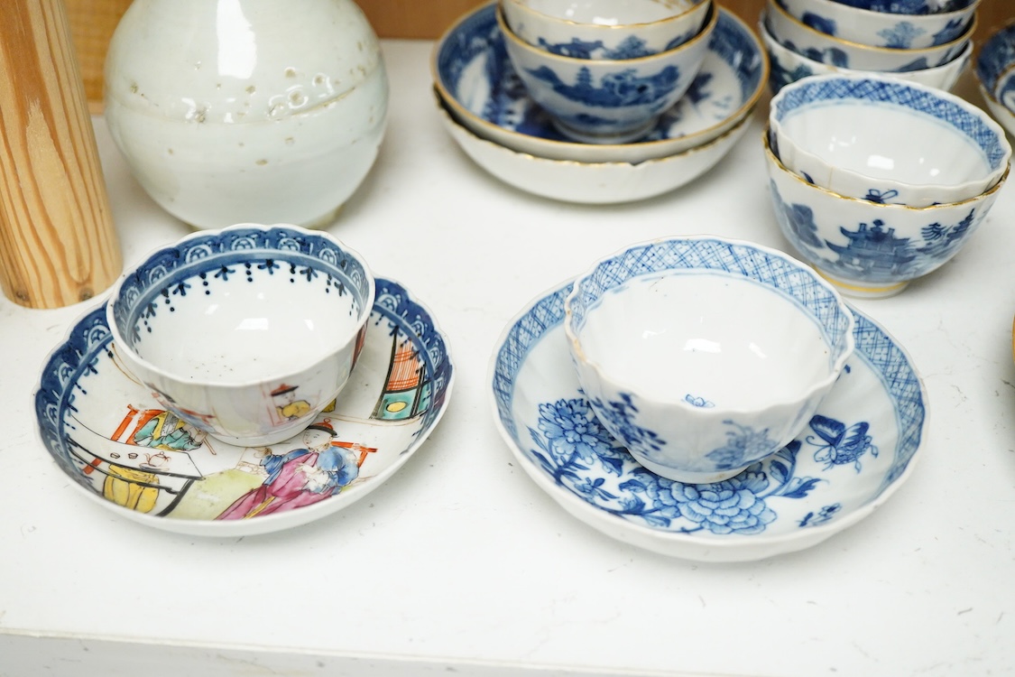A Chinese Kangxi doucai plate, a group of 18th century Chinese porcelain tea wares and a porcelain bottle probably Korean 19th century, teapot - 15cm high